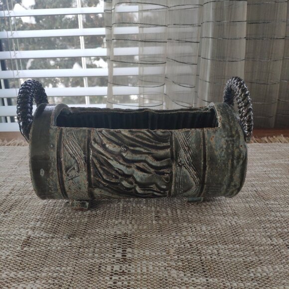 Other - VTG Art Pottery Planter, Etched Brutalist Green Sgraffito with Handles 8.75"